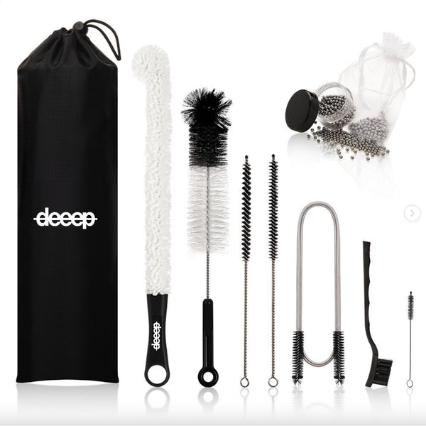 deeep 【研】KEN シーシャ お掃除 ブラシ 8点セット ガラスの水垢落とし ワイヤーフレキシブルブラシ 3mmクリーンボール600個付き 収納バッグ チューブブラシ ブラック