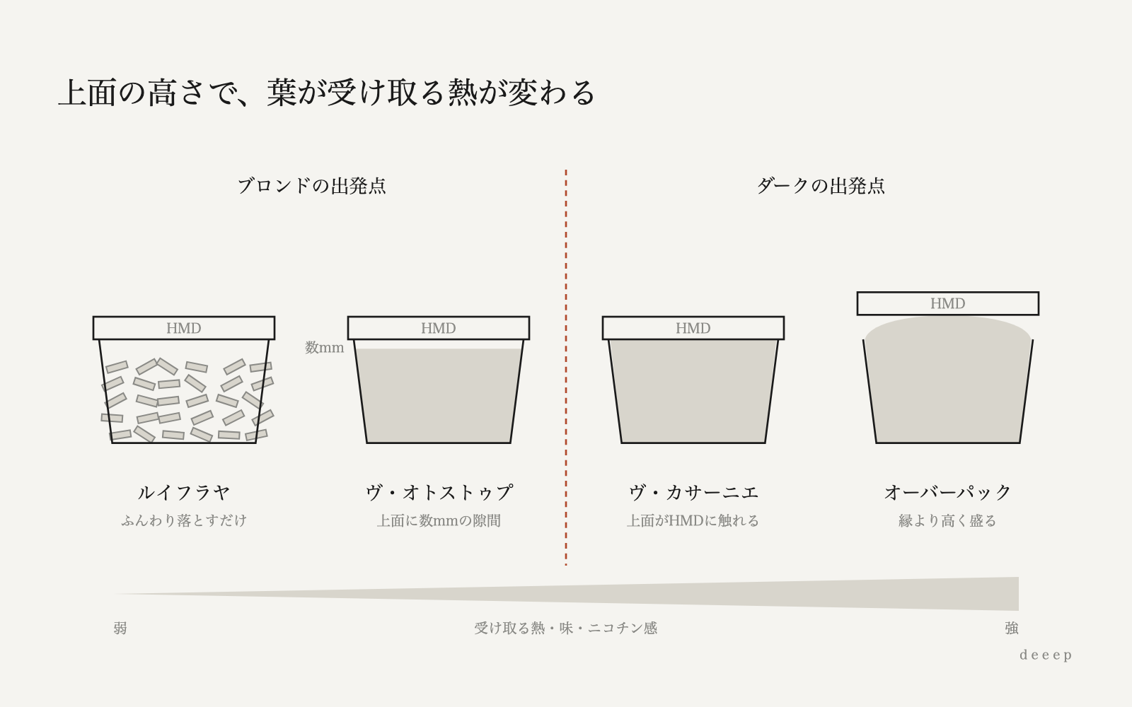 上面の高さが上がるほど葉が受け取る熱は大きくなり、ブロンドとダークで出発点が分かれる。