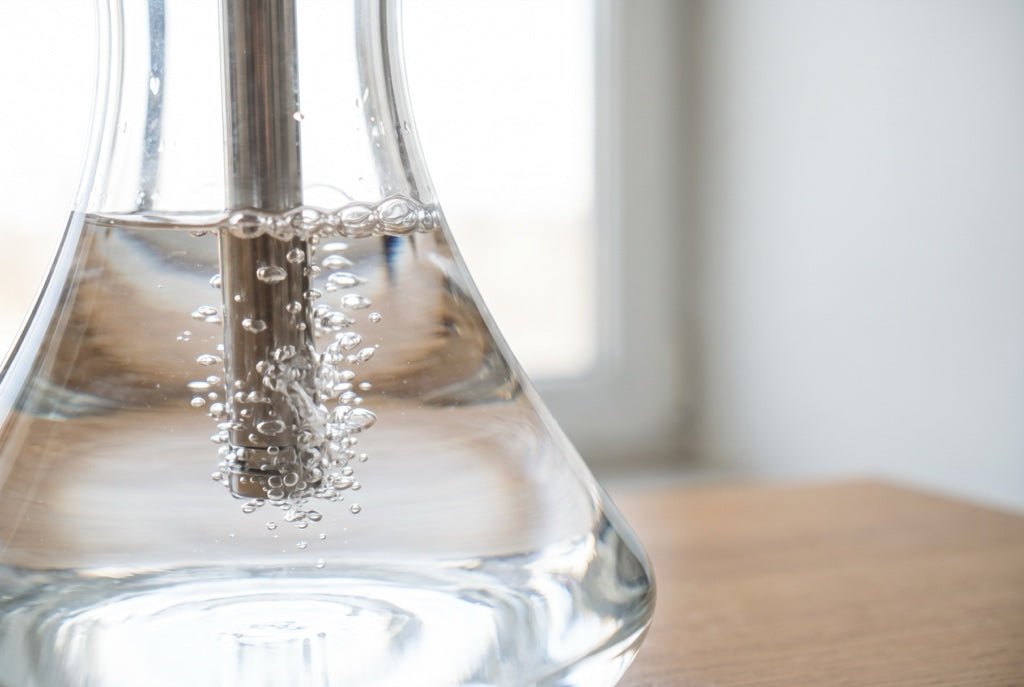 水を張ったガラスボトルの中で、ステムの先から泡が立ちのぼる瞬間