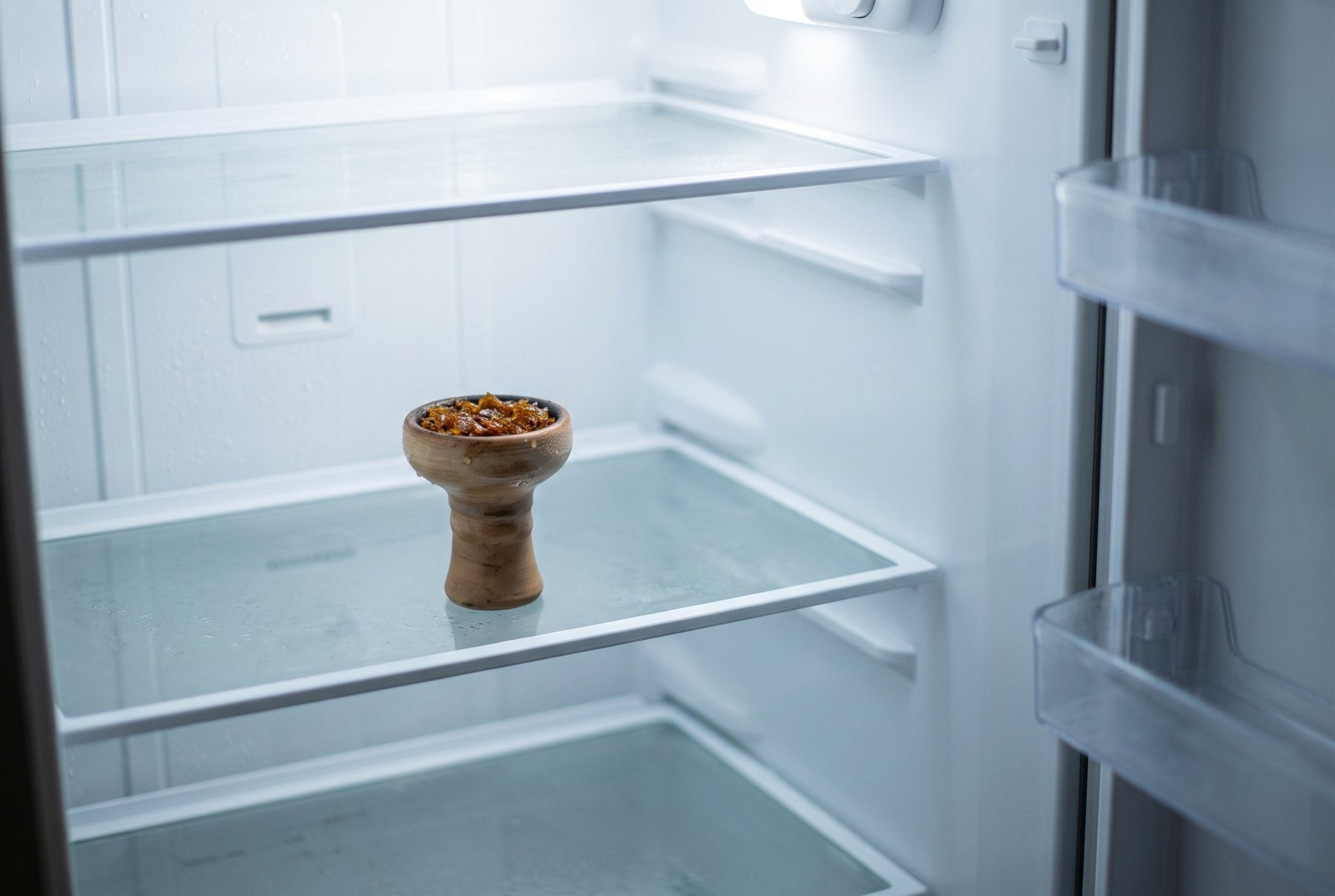 冷蔵庫の棚に、葉を詰めた陶器のボウルがひとつだけ置かれている