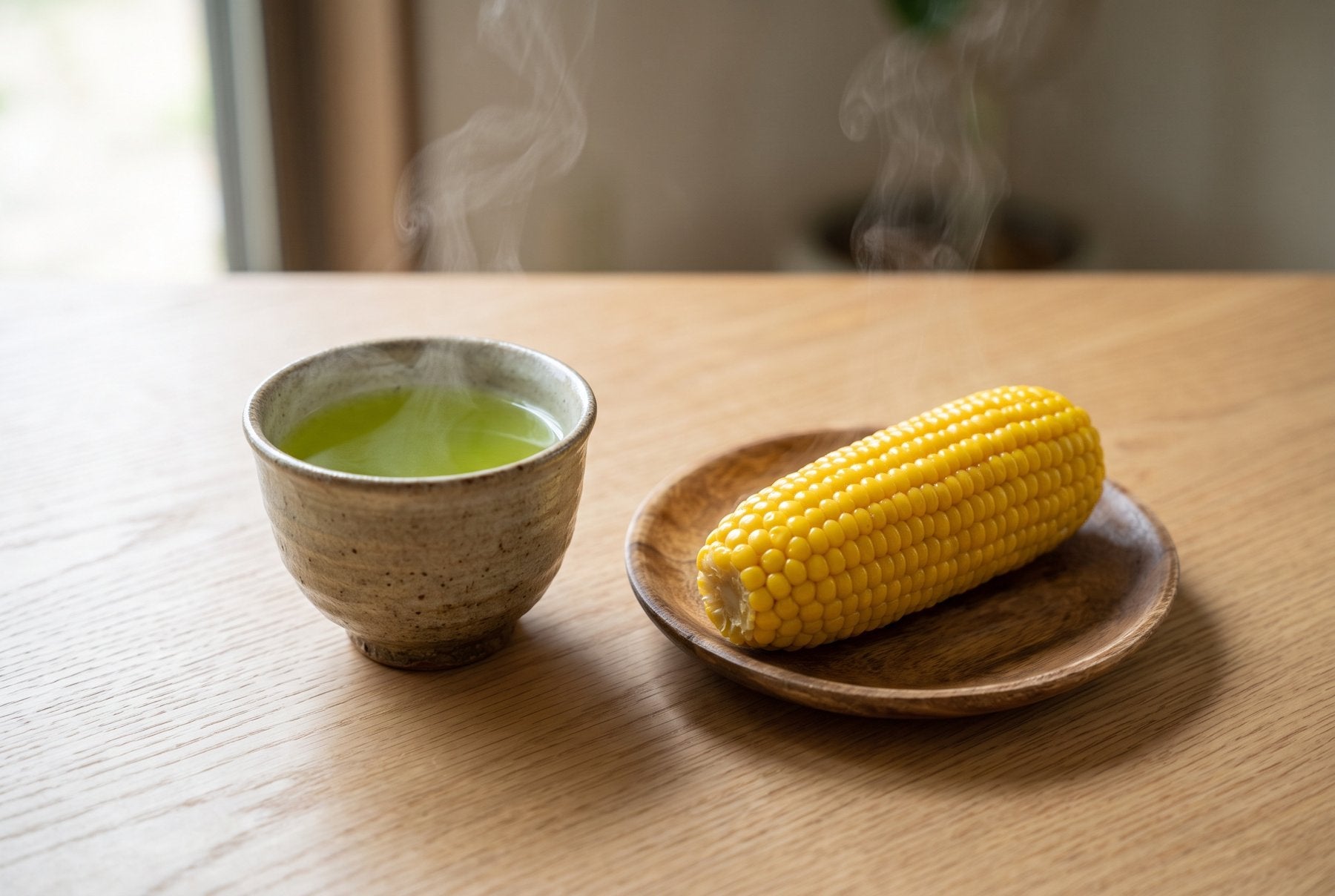 湯気の立つ緑茶の湯のみと、ゆでたトウモロコシ1本を並べた食卓