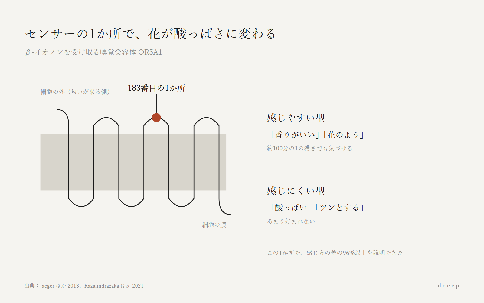 OR5A1の183番目の1か所が違うだけで、β-イオノンは花の匂いにも、酸っぱい匂いにもなる。