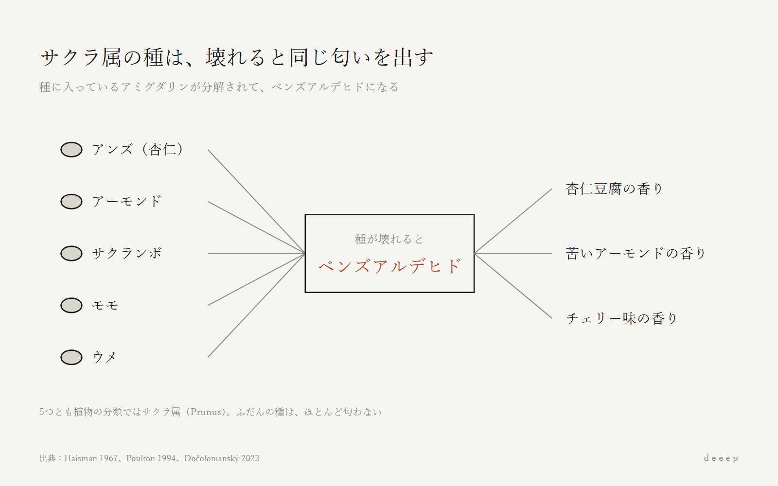 アンズ、アーモンド、サクランボ、モモ、ウメ。サクラ属の種は、壊れると同じベンズアルデヒドを出す。